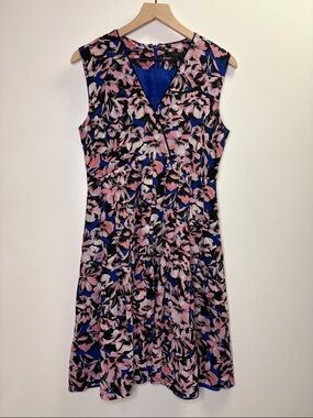 J. Crew Silk Lined Sleeveless Floral V-Neck Dress Pink & Blue & Black size 8